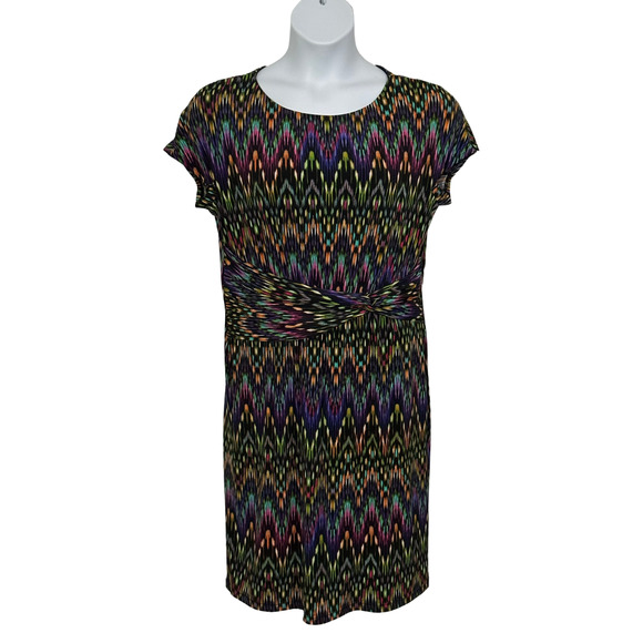 Women's size lg black multi colored elastic waist cap sleeve knee length dress - Picture 1 of 3